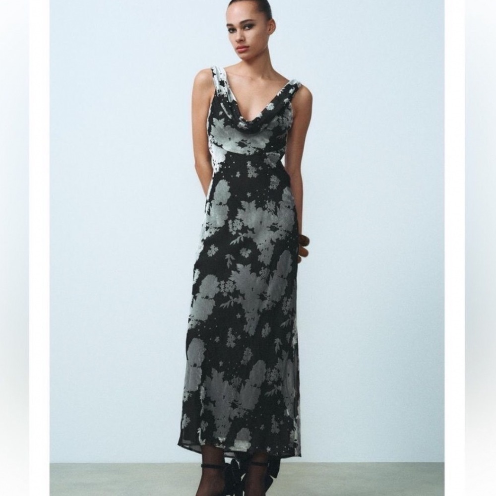 Zara Floral Burnout Velvet Maxi Dress Black Grey Cowl Neck Sleeveless Medium NWT